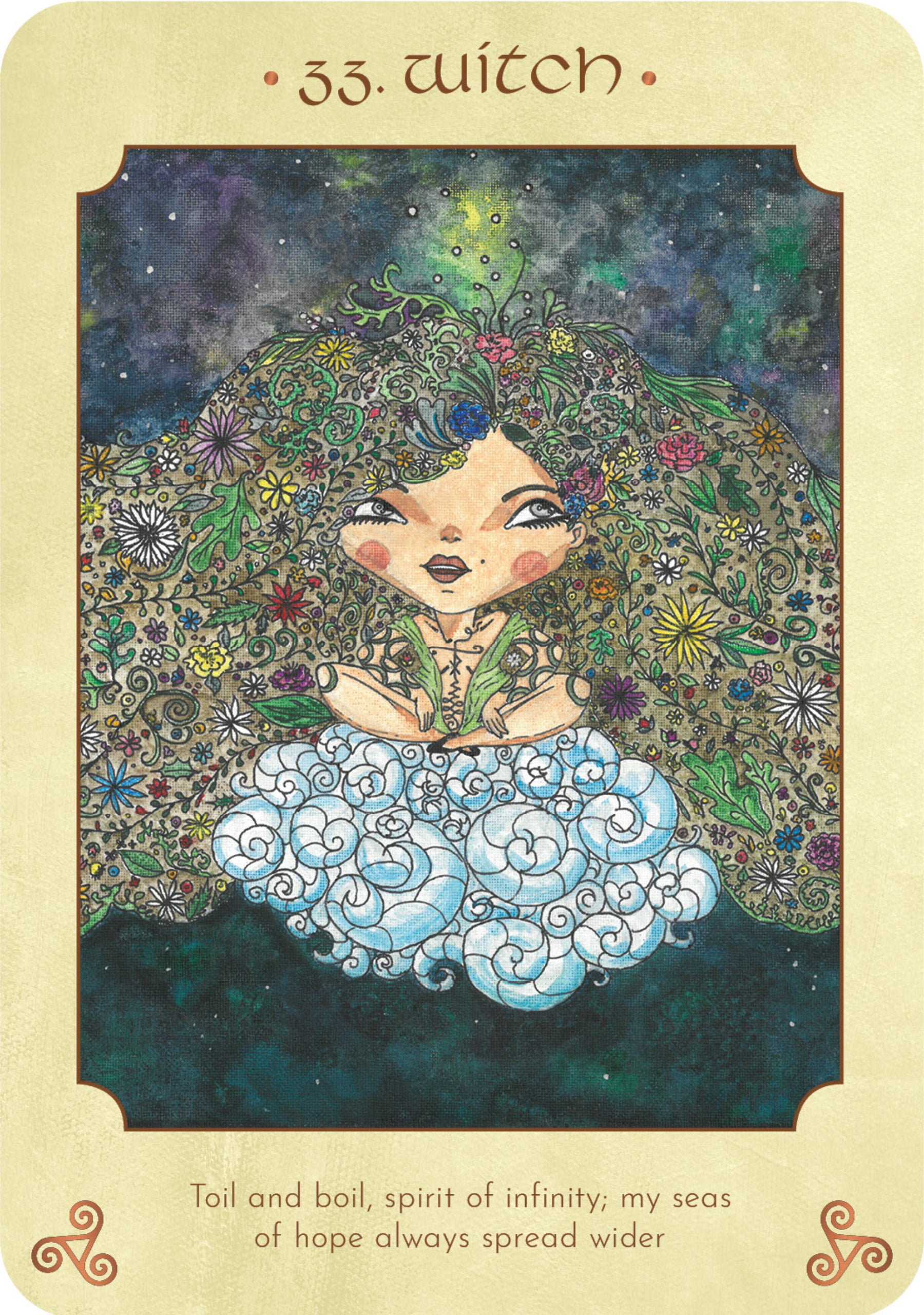 Tarot card featuring a stylized illustration of a witch with floral and celestial elements.