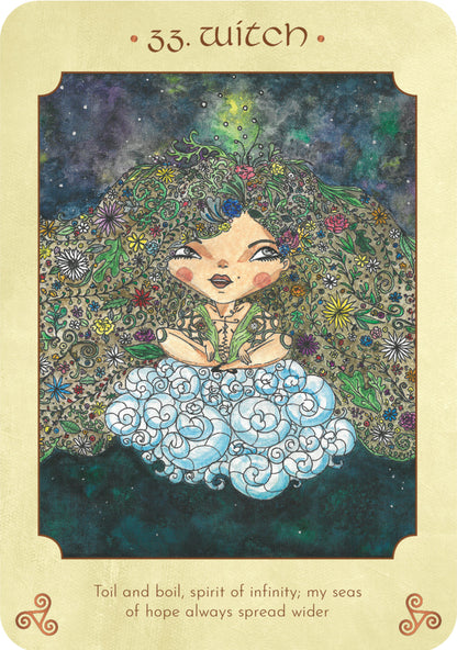 Tarot card featuring a stylized illustration of a witch with floral and celestial elements.