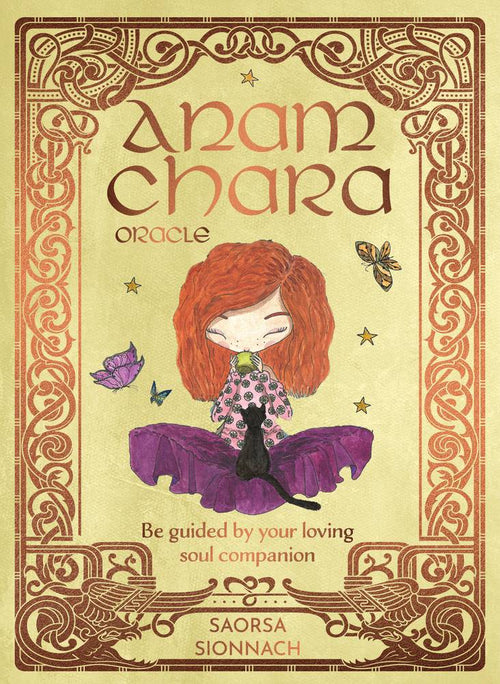 Cover of 'Anamchara Oracle' with a stylized illustration of a woman with red hair and a black cat, surrounded by butterflies.