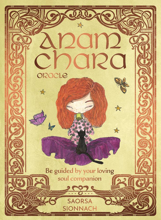 Cover of 'Anamchara Oracle' with a stylized illustration of a woman with red hair and a black cat, surrounded by butterflies.