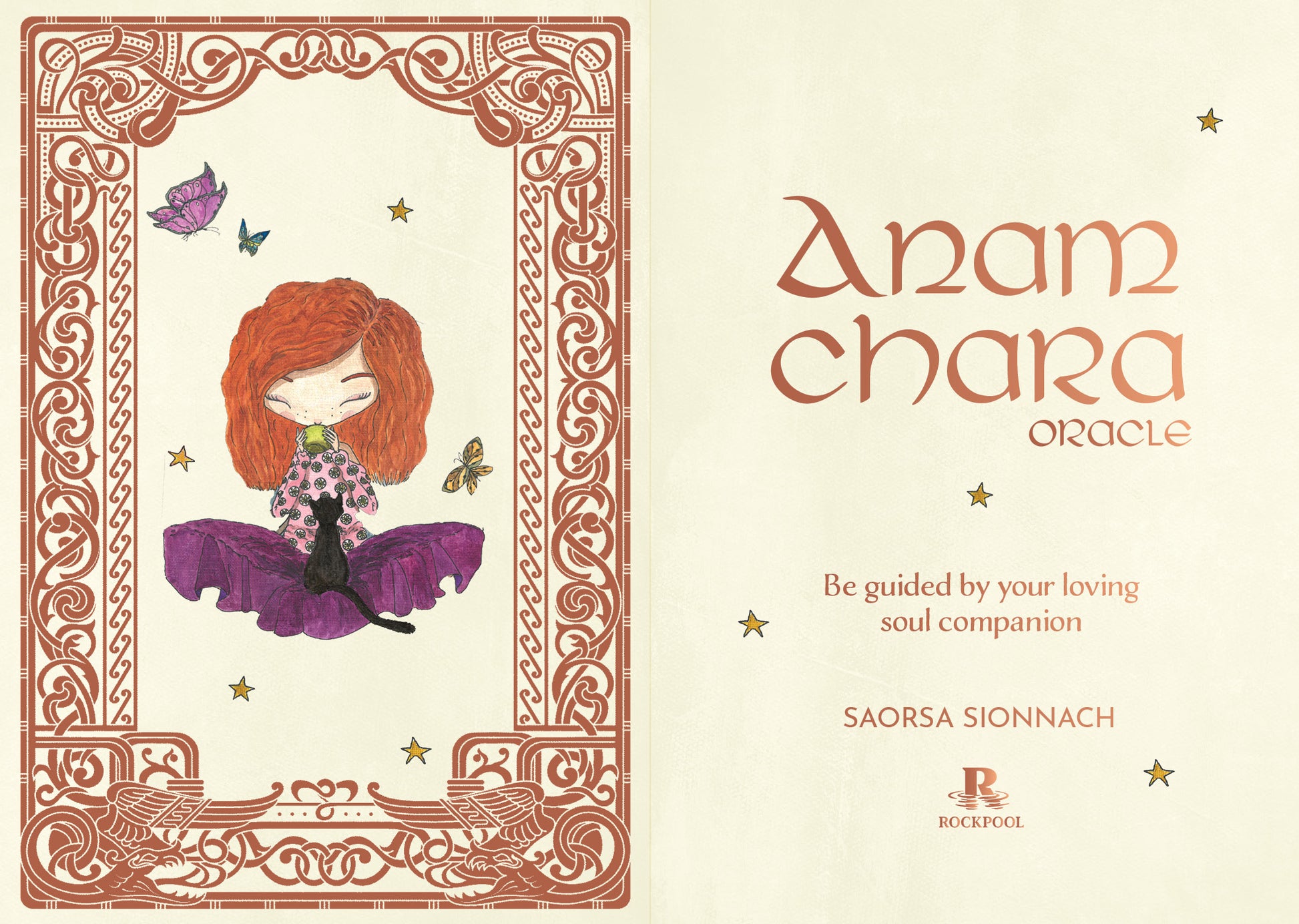 Book cover of 'Anam Chara Oracle' with a decorative border and illustration of a person with red hair.