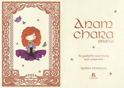 Book cover of 'Anam Chara Oracle' with a decorative border and illustration of a person with red hair.