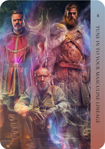 Three men in historical attire with a mystical aura, sitting together.