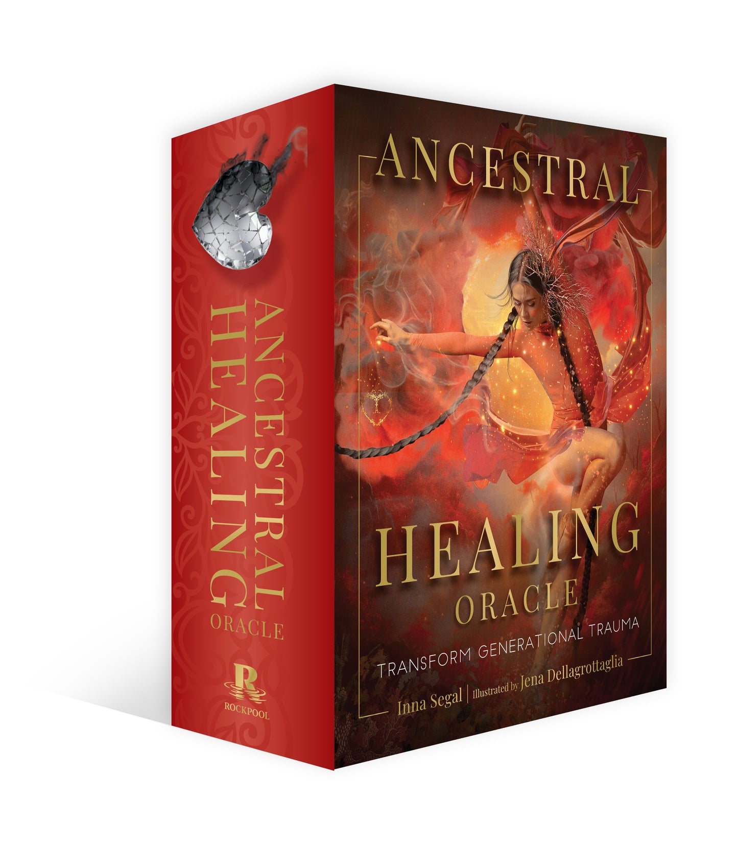 Ancestral Healing Oracle book box with a woman and dragon design on a red background