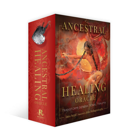 Ancestral Healing Oracle book box with a woman and dragon design on a red background