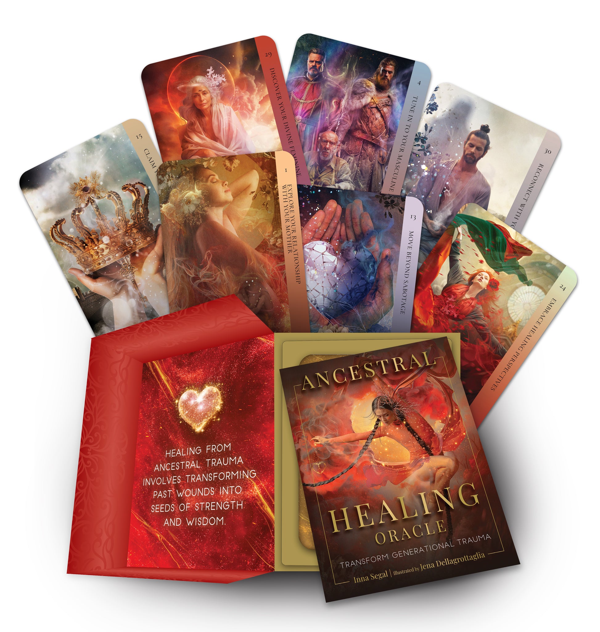 Ancestral Healing Oracle cards with a red guidebook on a white background