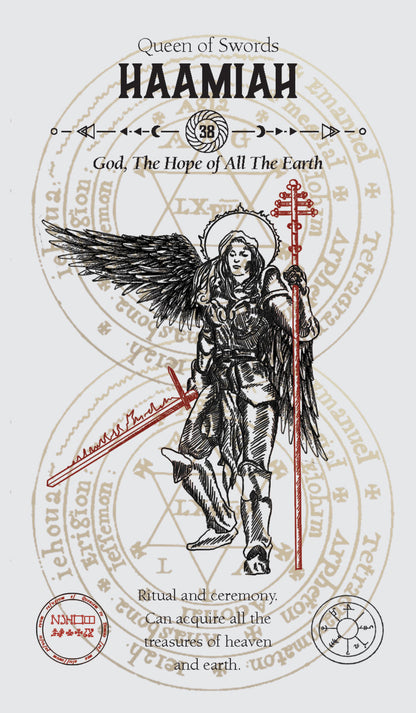 Illustration of an angel holding a sword with astrological symbols and text around it.