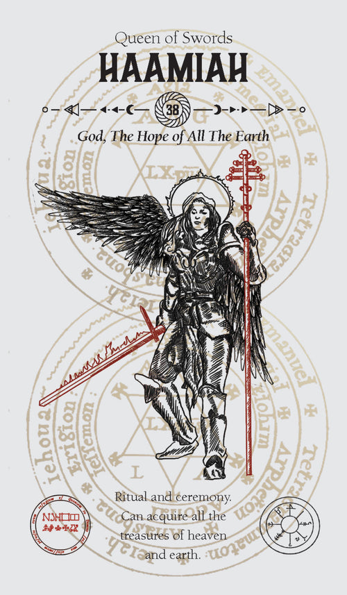 Illustration of an angel holding a sword with astrological symbols and text around it.