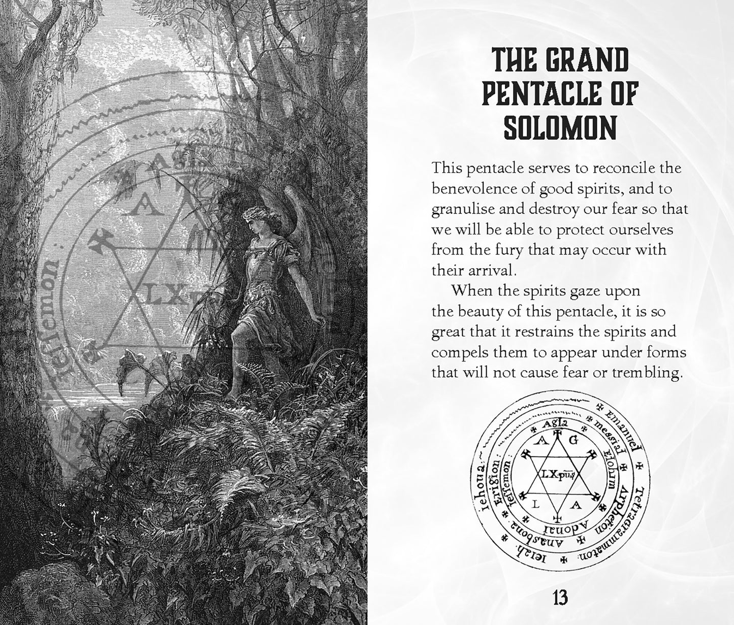 Illustration of a woman in a forest with a pentacle symbol and text on a white background.