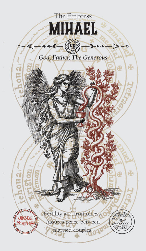 Illustration of an angel with a circular design and text on a white background