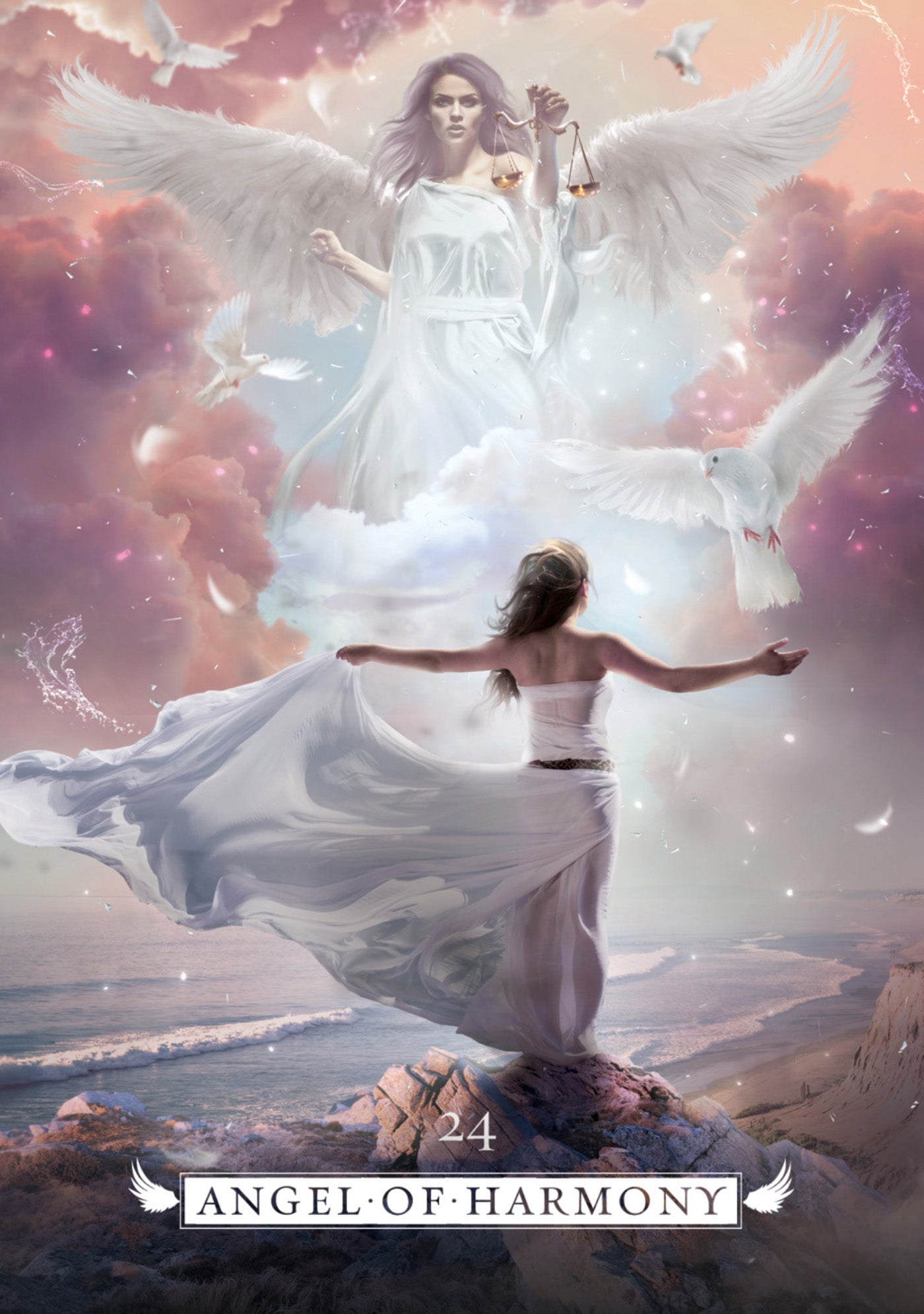 Woman in a white dress with angel wings standing on a mountain, with another woman in a similar pose below.