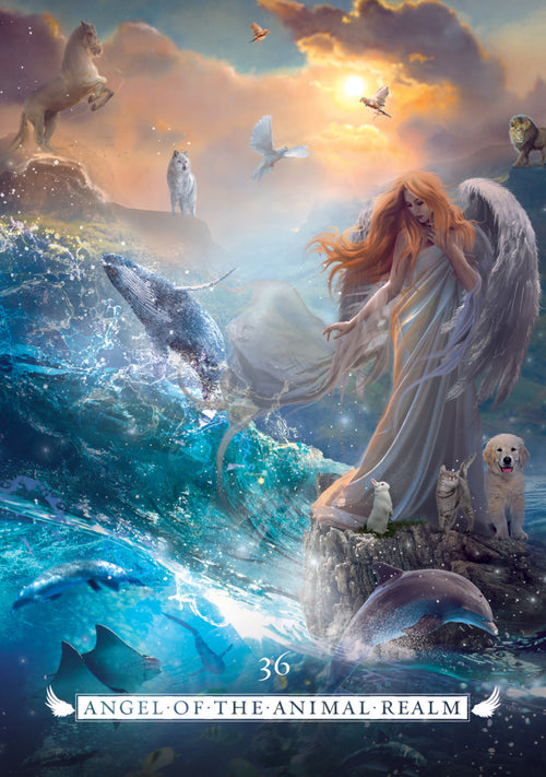 Angel with red hair and white wings standing on a rock with animals, including a dolphin and a dog, in a fantasy landscape.