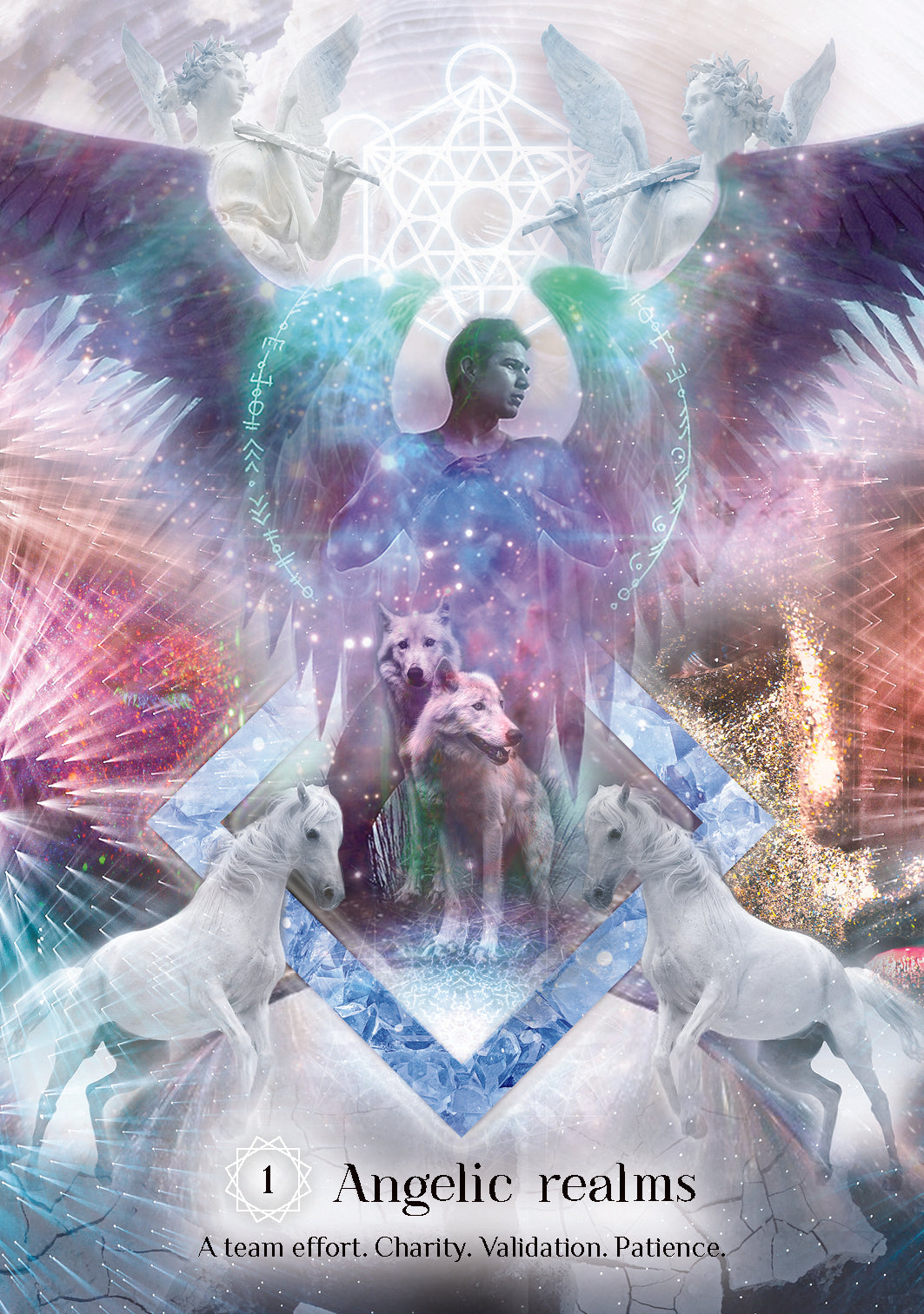 Collage of angelic figures, dogs, and abstract designs with text 'Angelic realms' at the bottom.