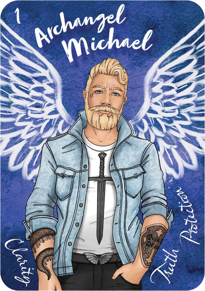 Illustration of a man with tattoos and a sword, surrounded by angel wings on a blue background.
