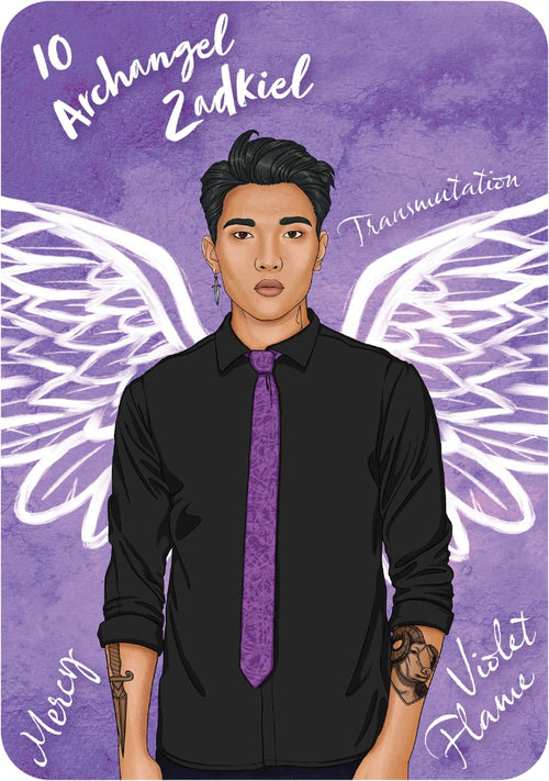 Card featuring a person in a black shirt with a purple tie against a purple background with angel wings.