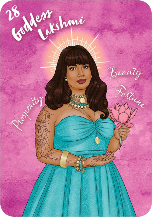 Illustration of a woman in a blue dress holding a pink flower on a pink background with text.