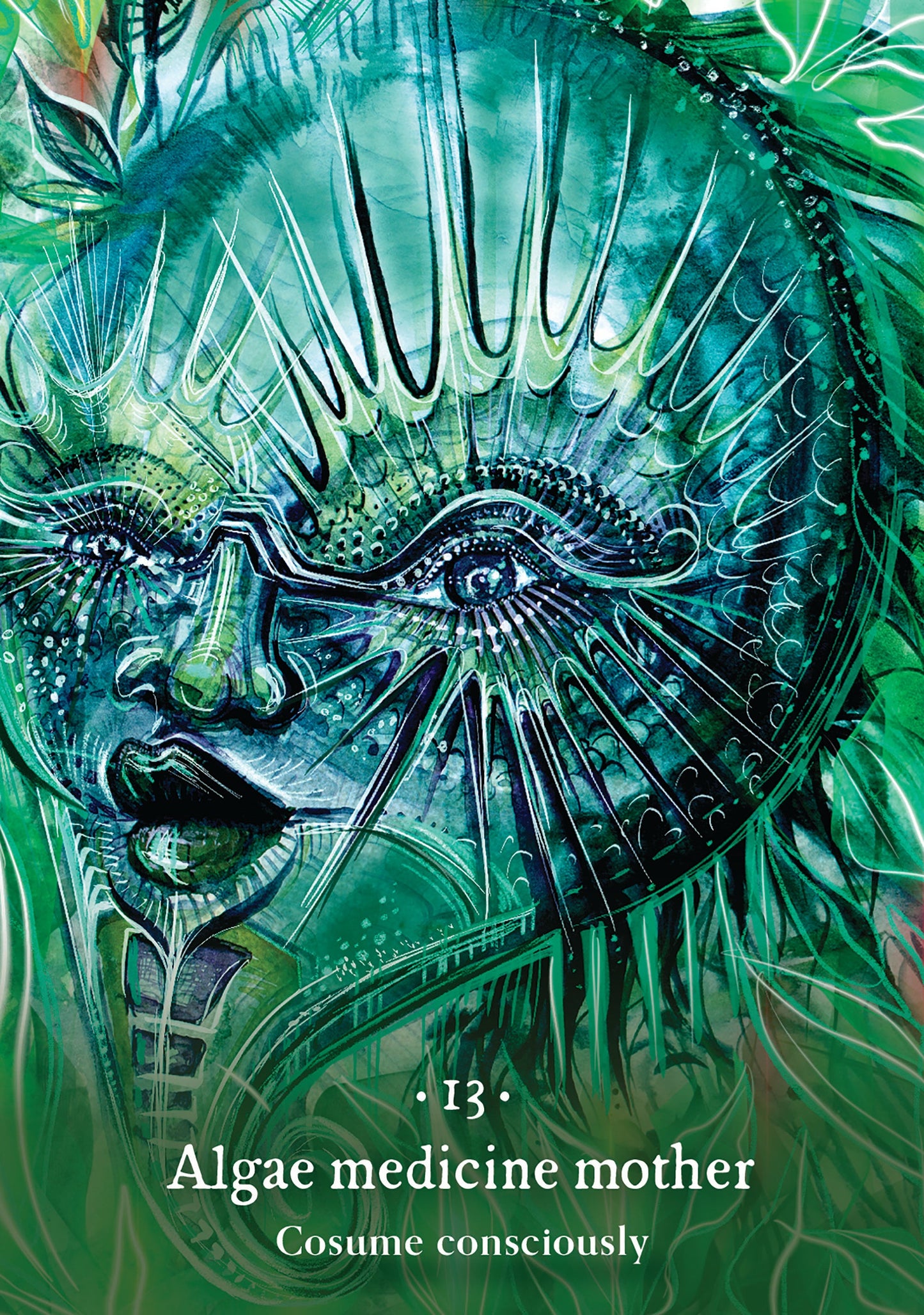 Artistic depiction of an algae-like creature with text 'Algae medicine mother' on a green background