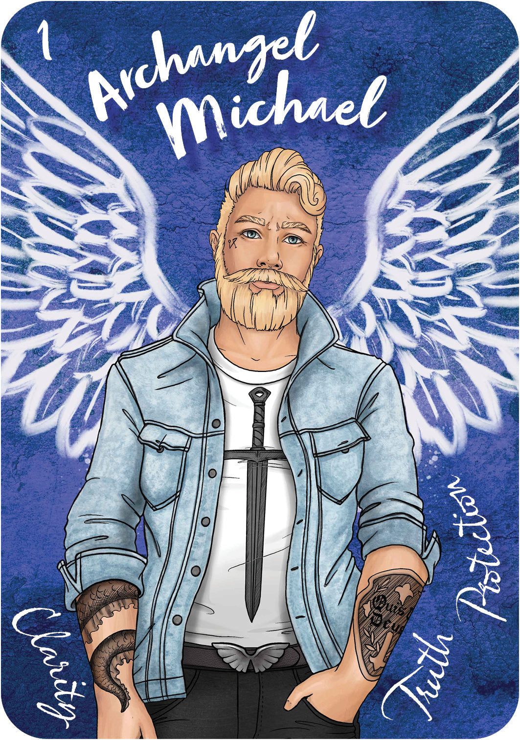 Illustration of a bearded man with angel wings on a blue background, featuring the text 'Archangel Michael'.