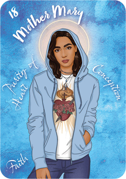 Illustration of a person wearing a hoodie with religious-themed design on a blue background