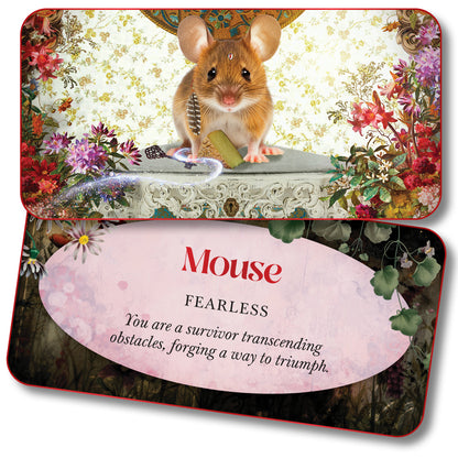 Mouse figurine with a decorative background and descriptive text on a card.