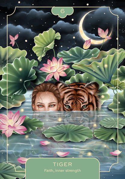 Illustration of a woman and a tiger peering over water with lotus flowers and a moon in the background.