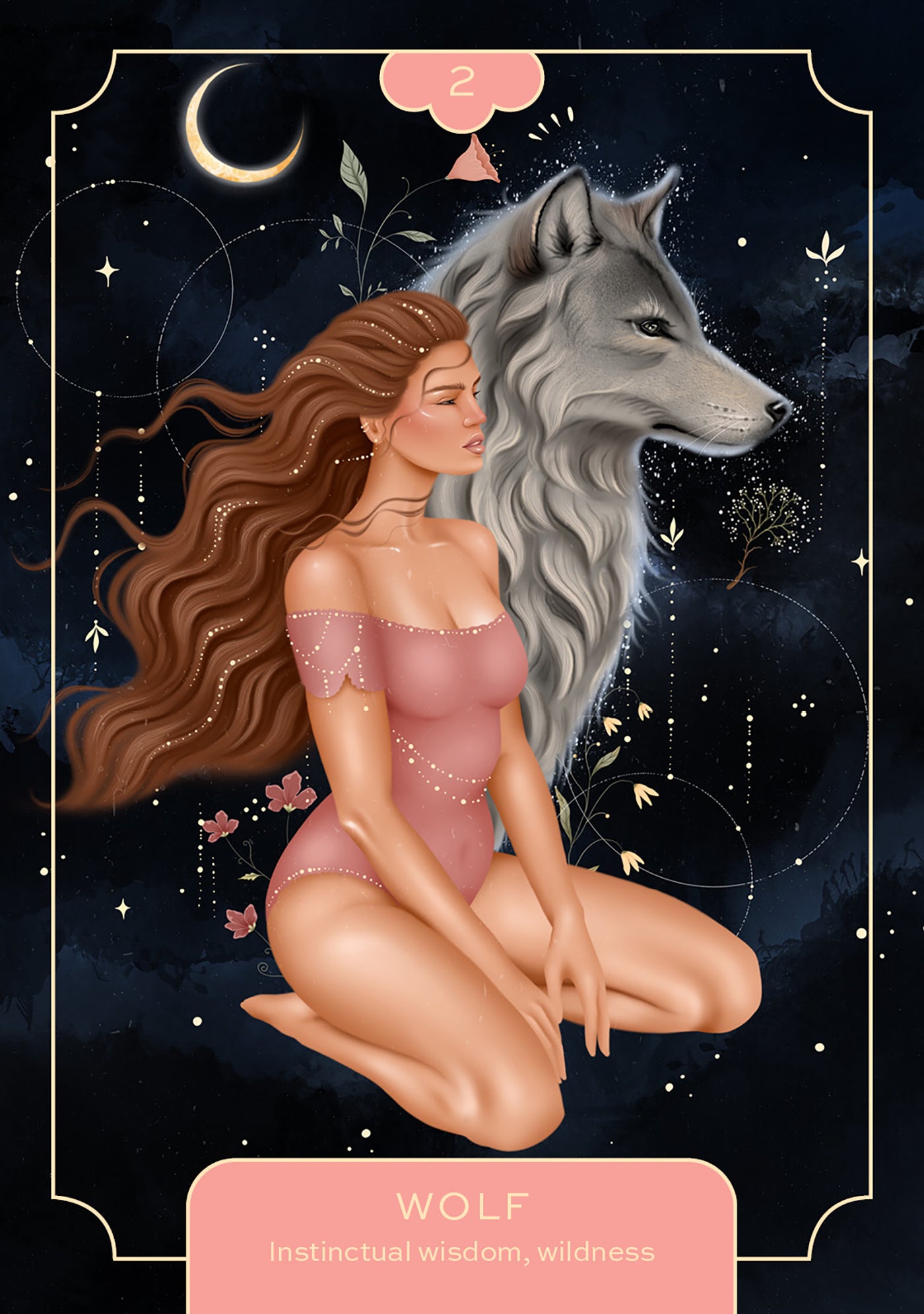 Illustration of a woman with a wolf on her shoulder against a starry night sky.