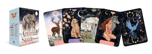 Set of tarot cards with animal illustrations and a box labeled 'Animal Spirit Cards' on a white background.