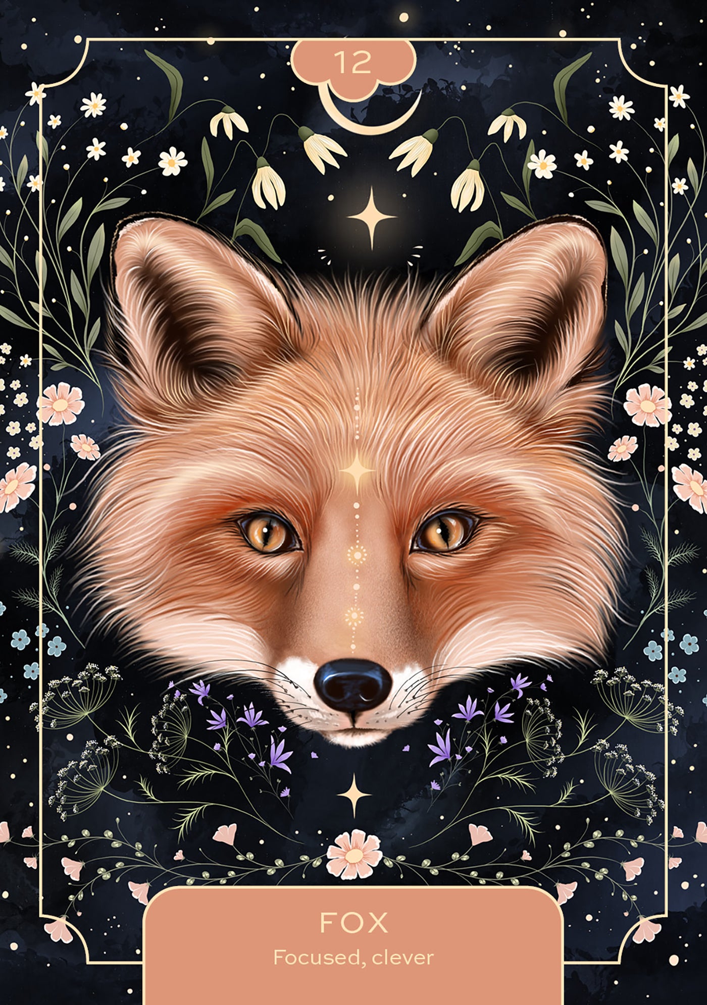 Illustration of a fox with floral elements and a starry night background
