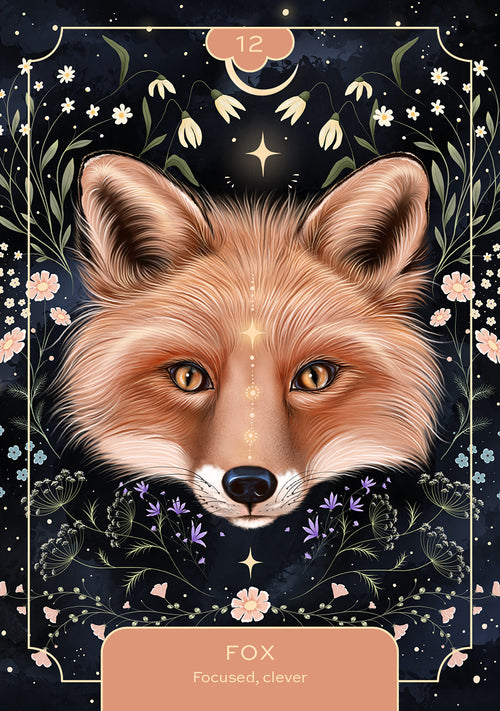Illustration of a fox with floral elements and a starry night background