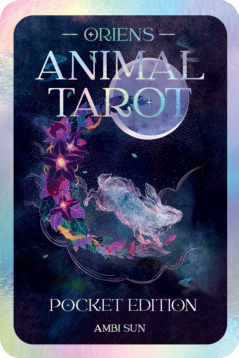 Cover of 'Oriens Animal Tarot' pocket edition with tarot card design and text.