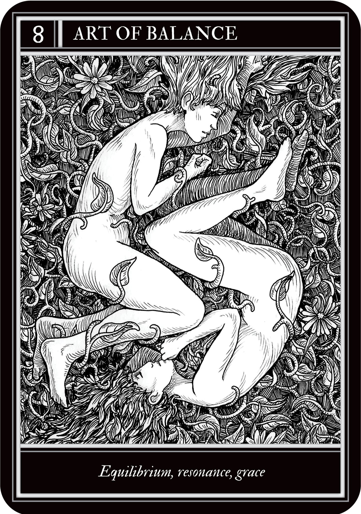 Black and white tarot card titled 'Art of Balance' with two people intertwined in a natural setting.