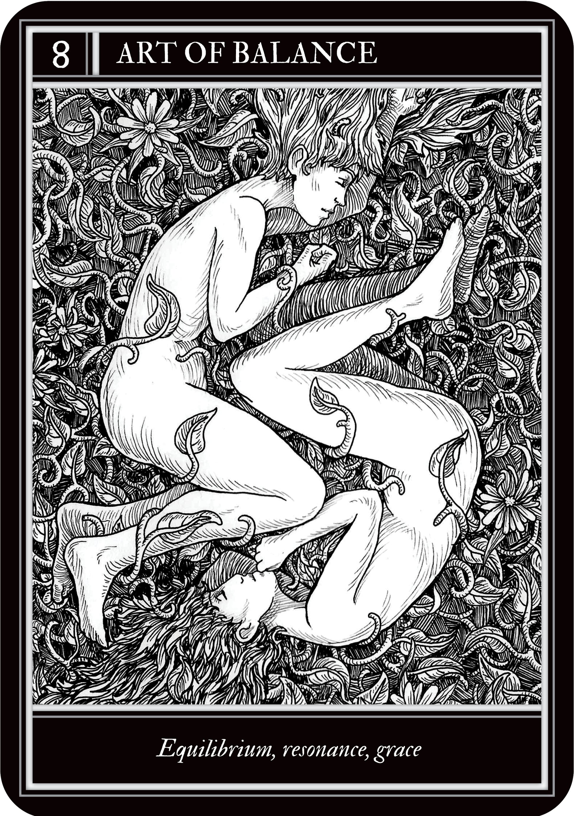 Black and white tarot card titled 'Art of Balance' with two people intertwined in a natural setting.