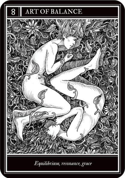 Black and white tarot card titled 'Art of Balance' with two people intertwined in a natural setting.