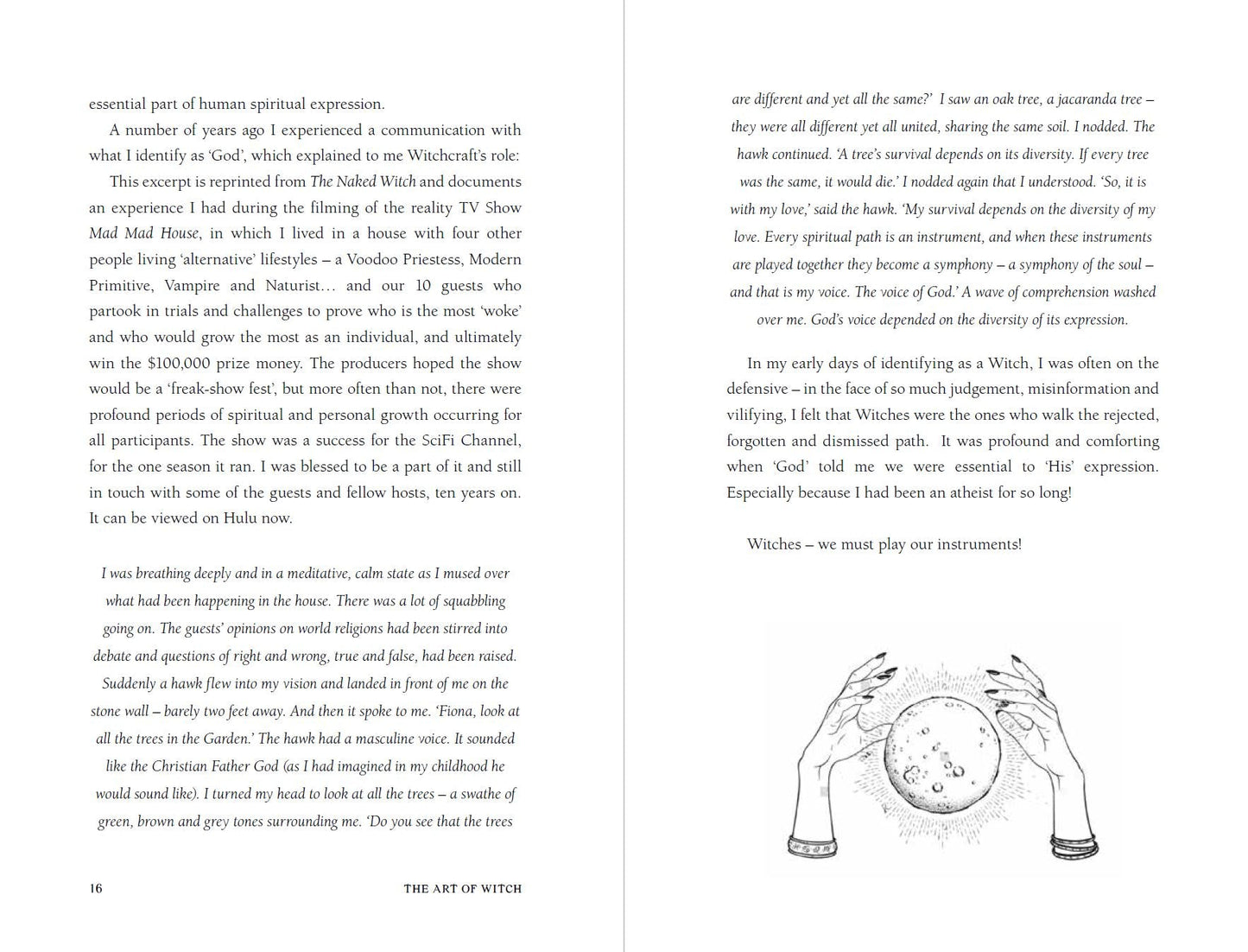 Open book with text and a diagram of a hand holding a crystal ball on a white background