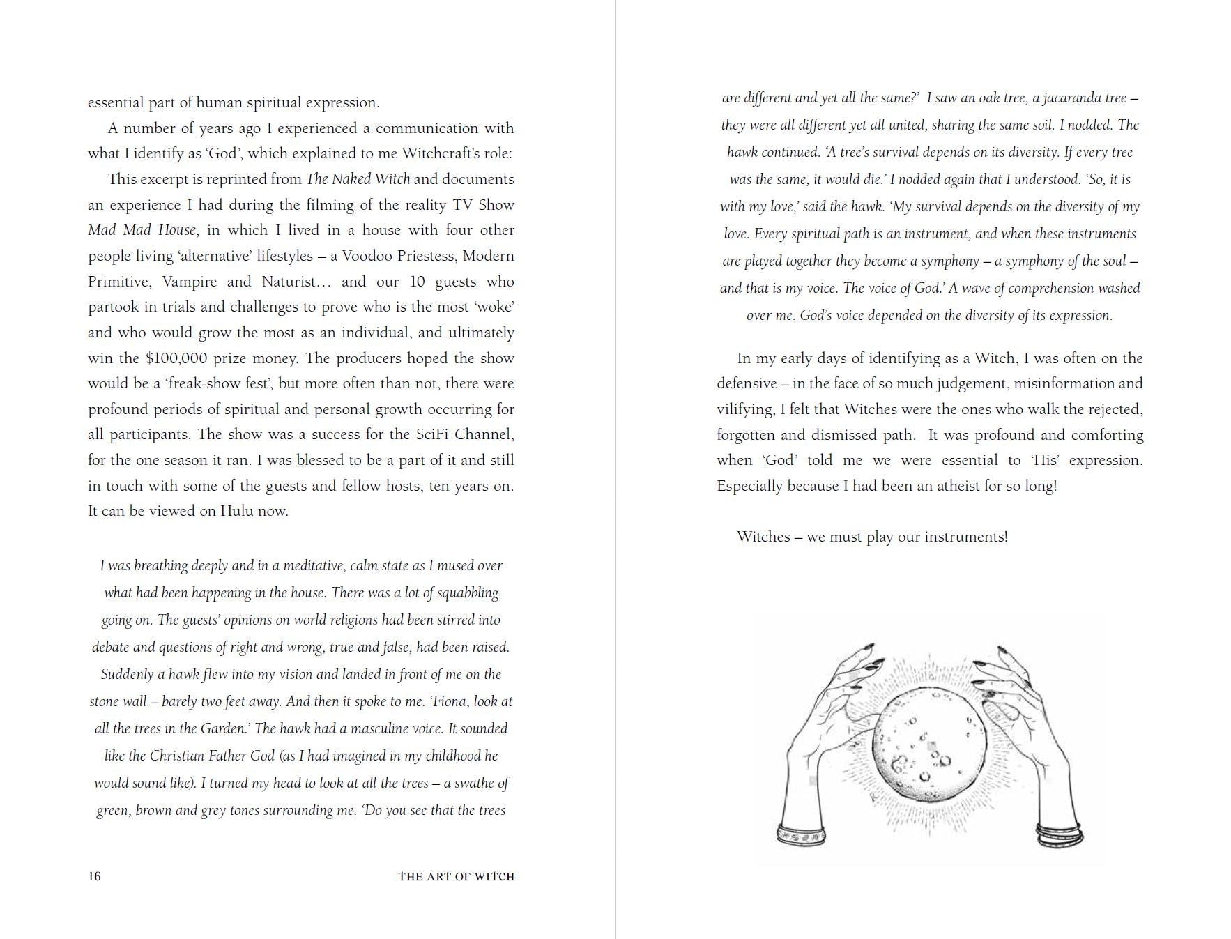 Open book with text and a diagram of a hand holding a crystal ball on a white background
