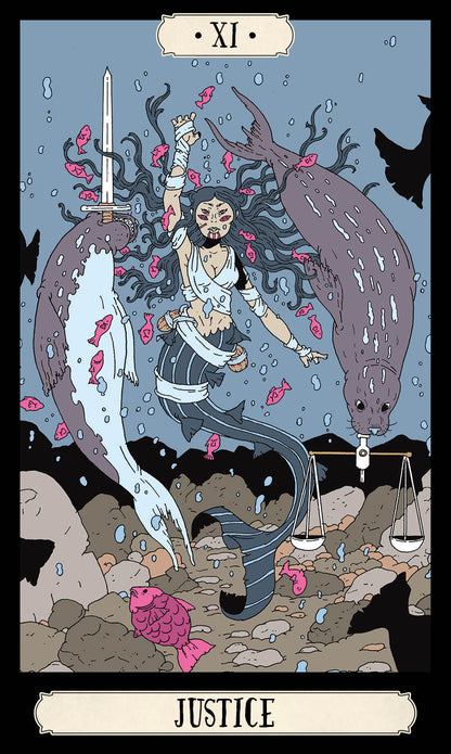 Tarot card titled 'Justice' with a stylized figure holding a sword and scales, surrounded by elements like fish and a snake.