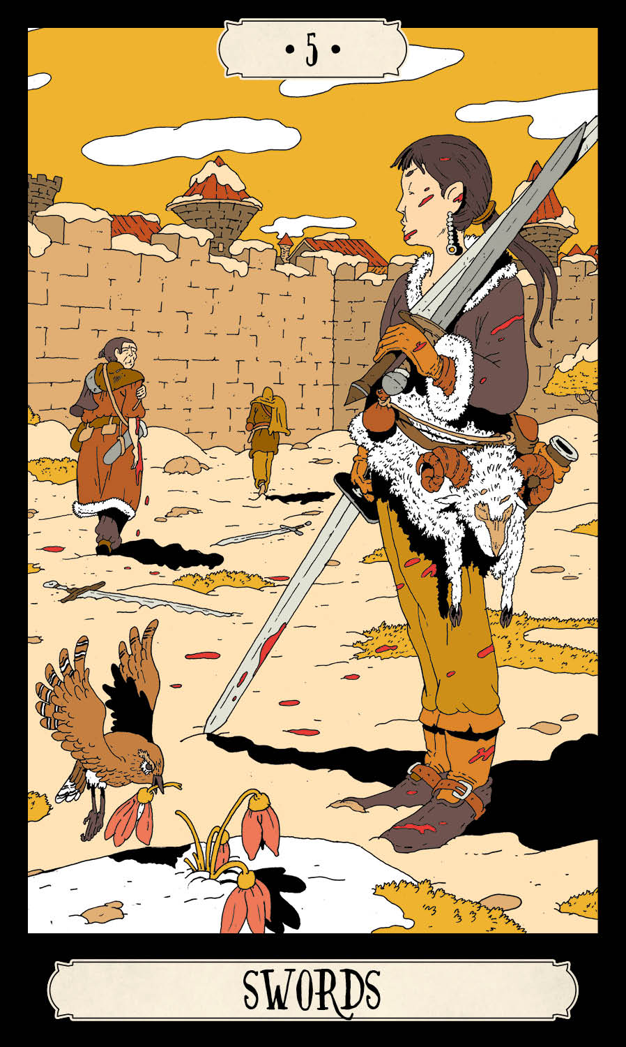 Tarot card titled 'Swords' with a warrior holding a sword in a desert-like setting.