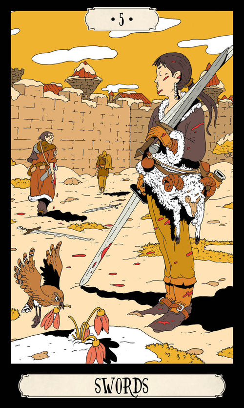 Tarot card titled 'Swords' with a warrior holding a sword in a desert-like setting.