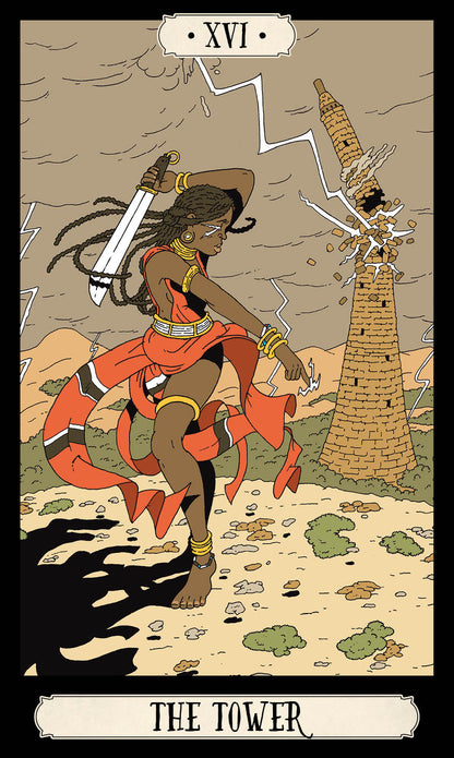 Tarot card titled 'The Tower' featuring a figure with a sword and a tower.