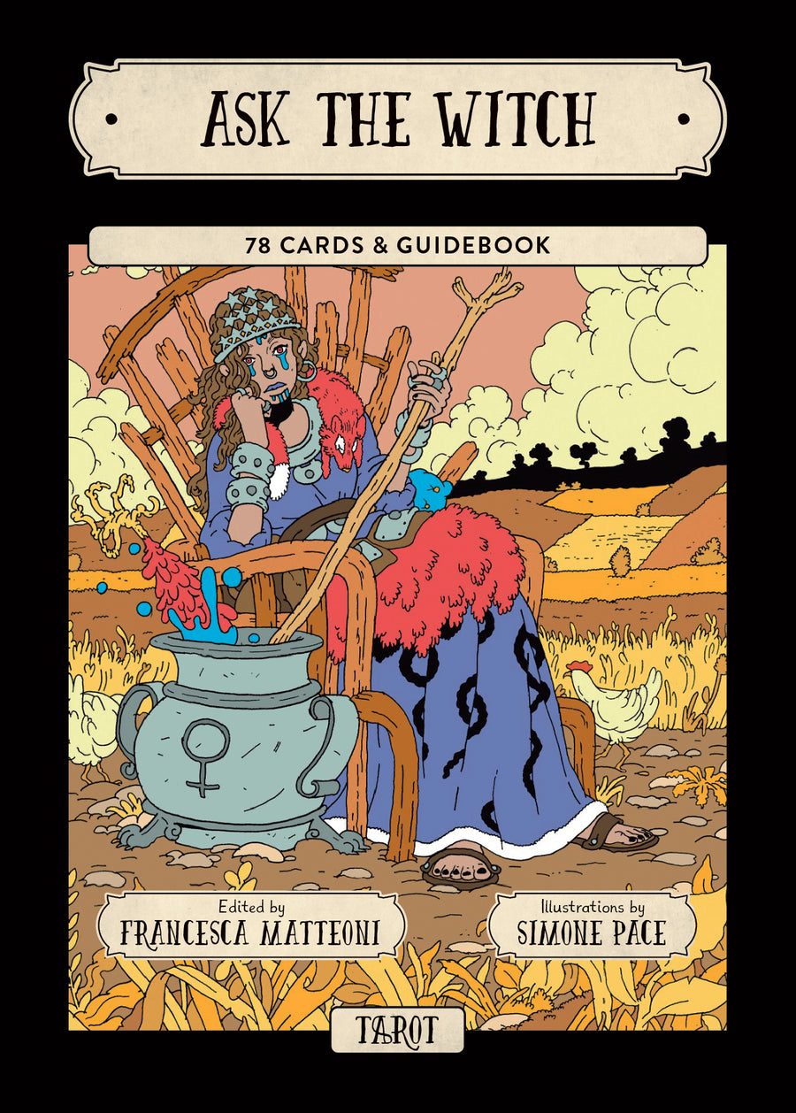 Tarot card set cover with a witch character and title 'Ask the Witch' on a black background