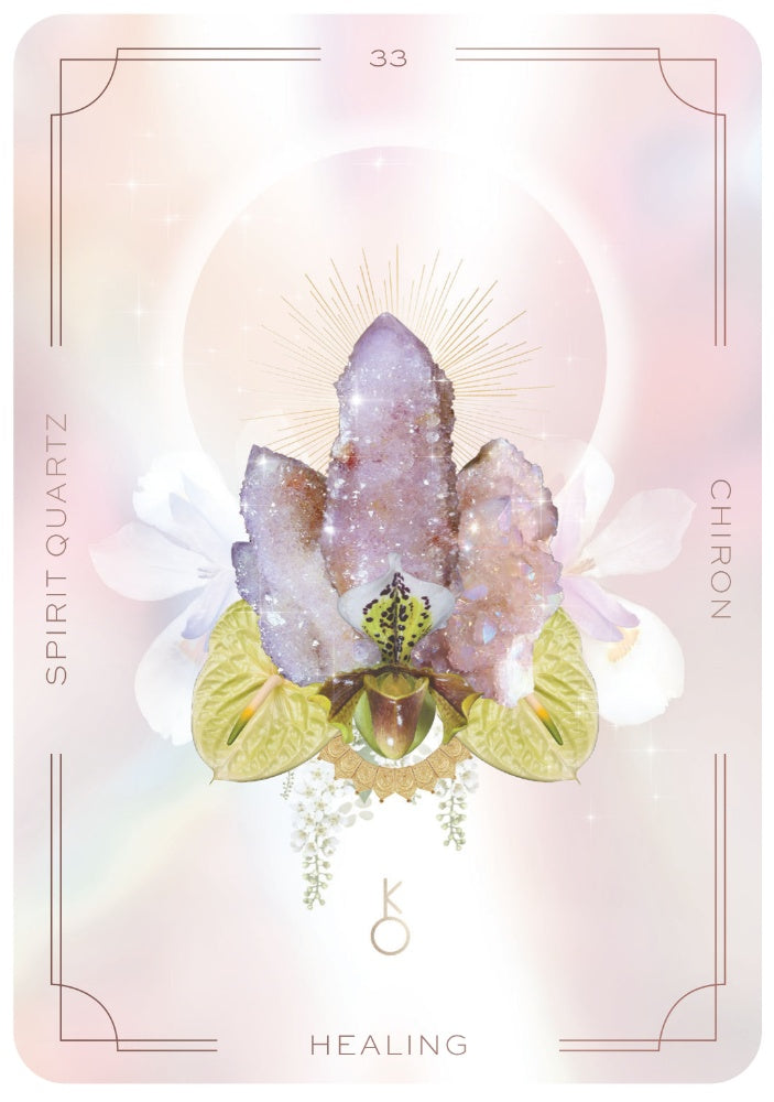 Card with Spirit Quartz crystal and orchid on a pastel background