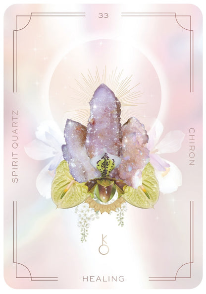 Card with Spirit Quartz crystal and orchid on a pastel background