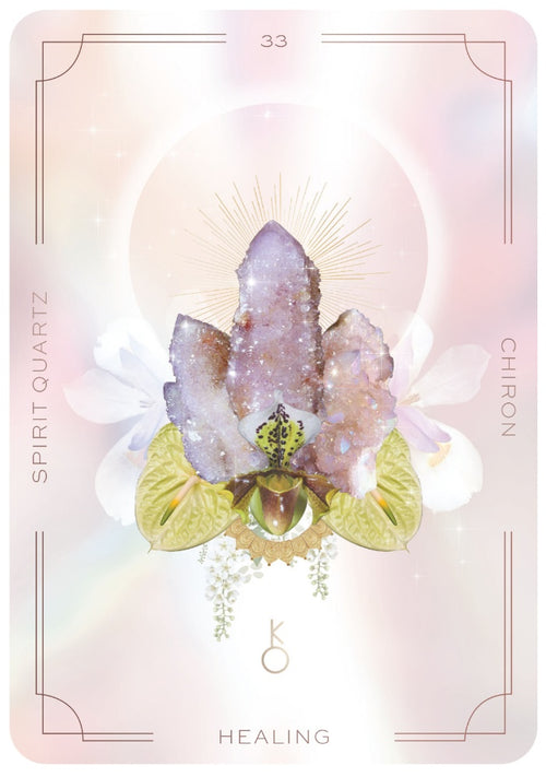 Card with Spirit Quartz crystal and orchid on a pastel background
