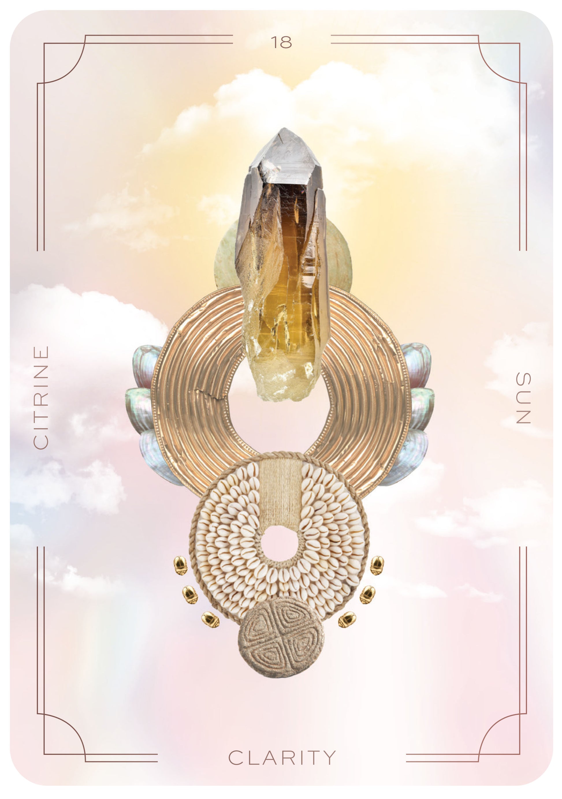 Decorative card with a citrine crystal and gold design on a soft, multicolored background.