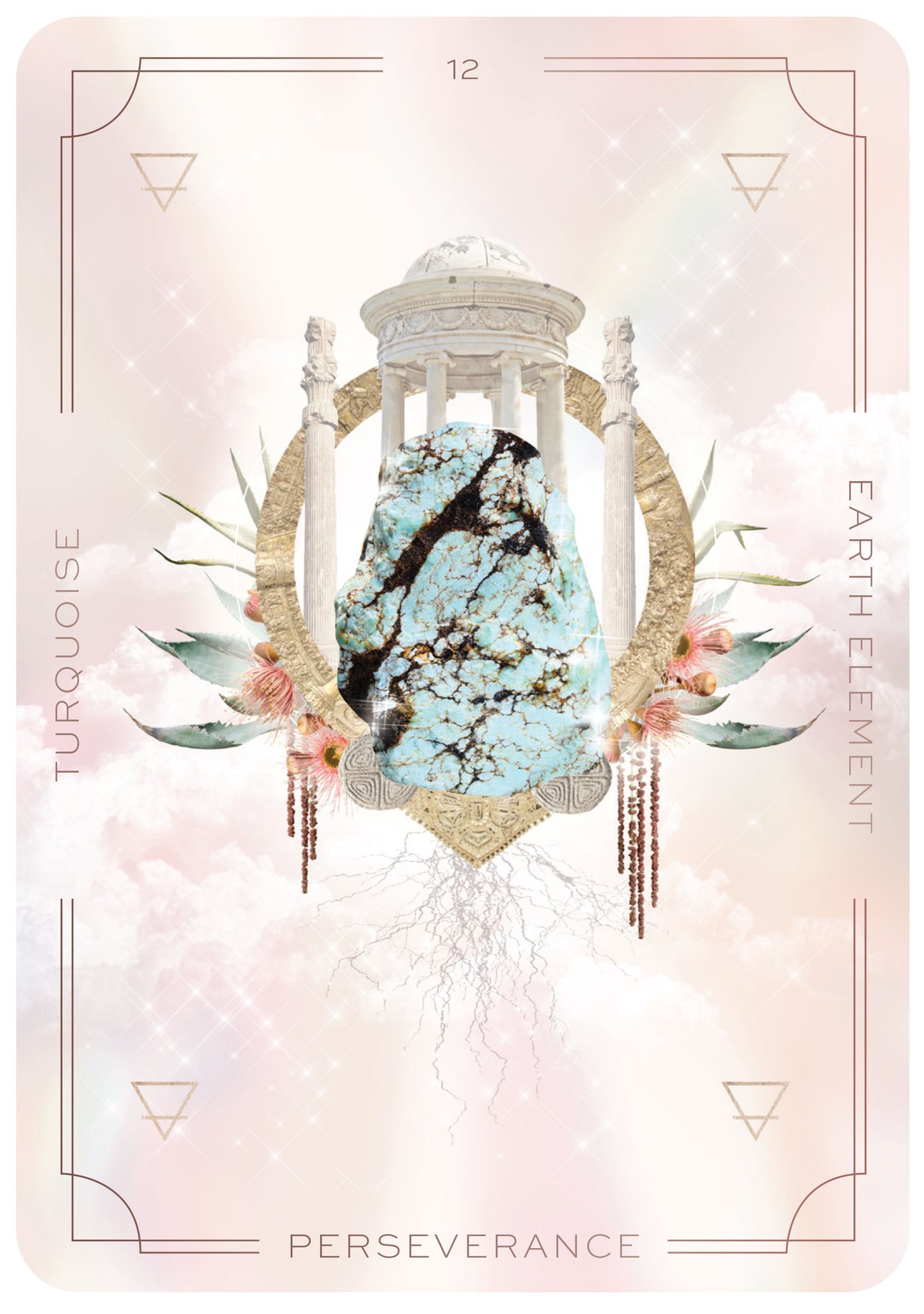 Card with turquoise stone, floral elements, and geometric design on a soft pink background
