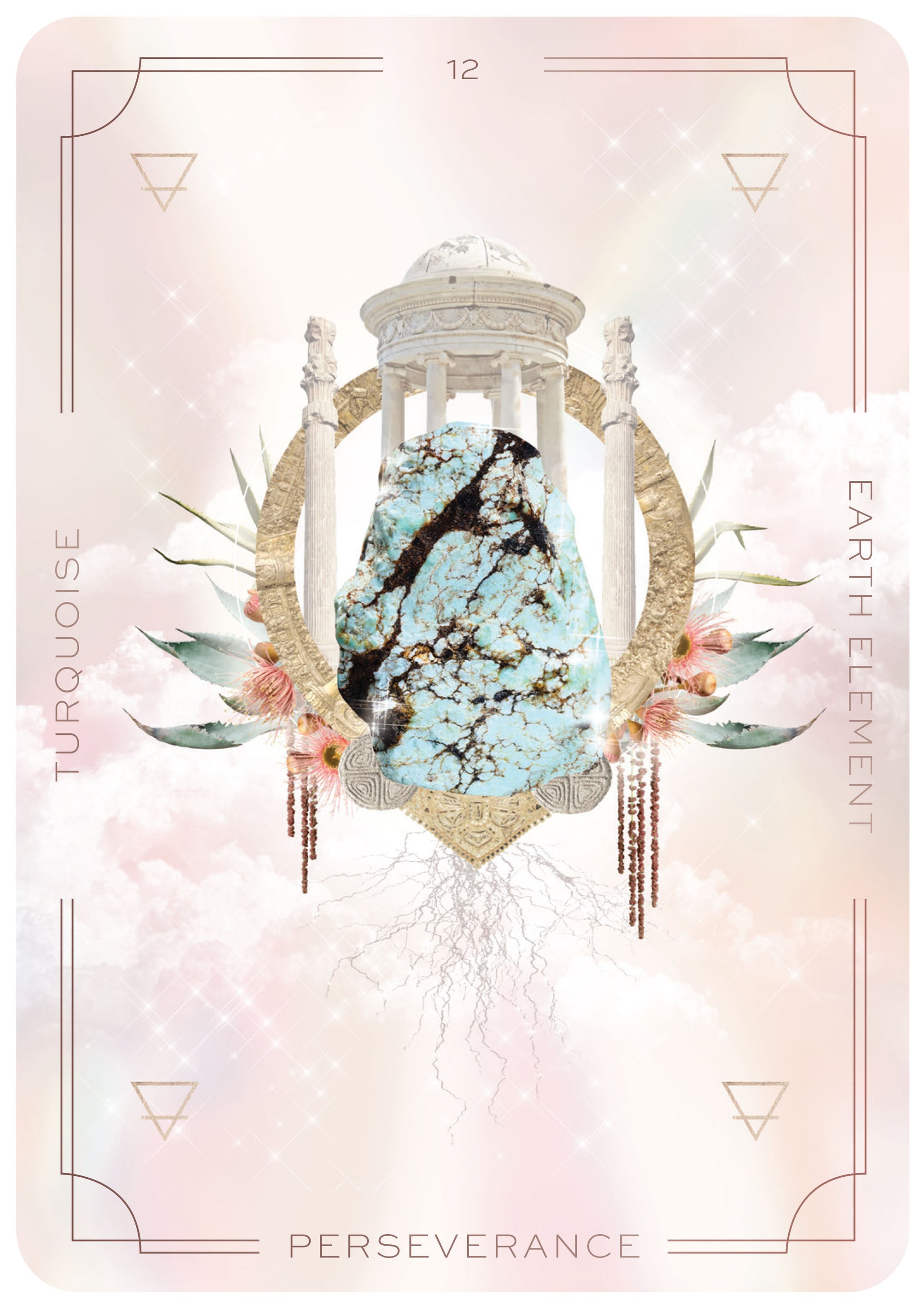 Card with turquoise stone, floral elements, and geometric design on a soft pink background