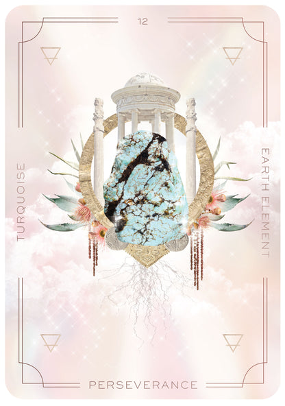 Card with turquoise stone, floral elements, and geometric design on a soft pink background