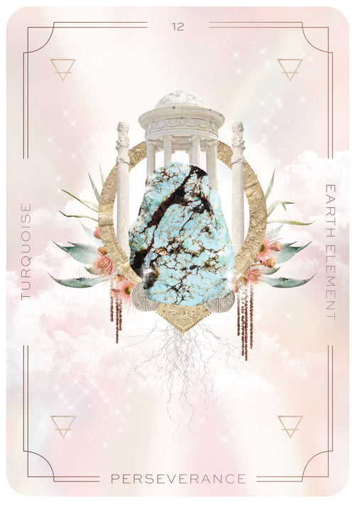 Card with turquoise stone, floral elements, and geometric design on a soft pink background