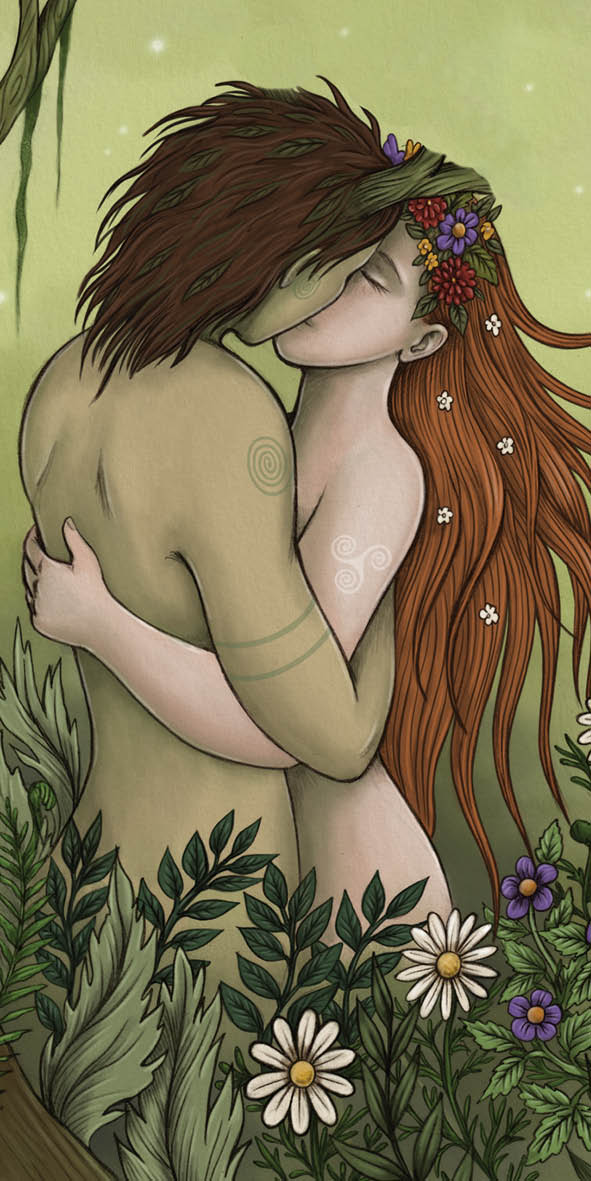 Illustration of two people embracing in a forest setting with flowers and leaves.