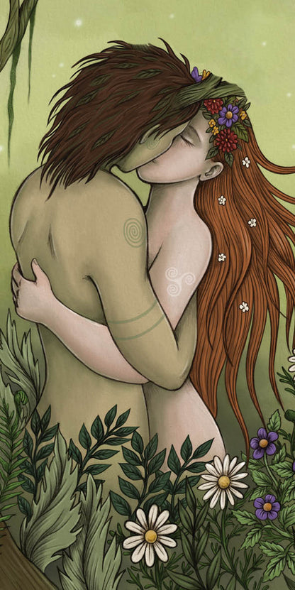 Illustration of two people embracing in a forest setting with flowers and leaves.